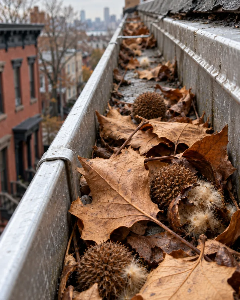 Sycamore leaves collected in a gutter in late fall
