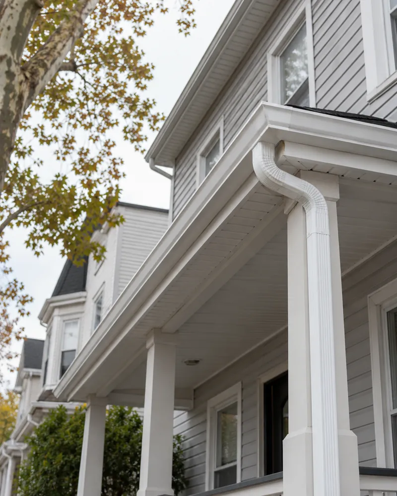 New seamless gutter along the roof edge of a two-family house
