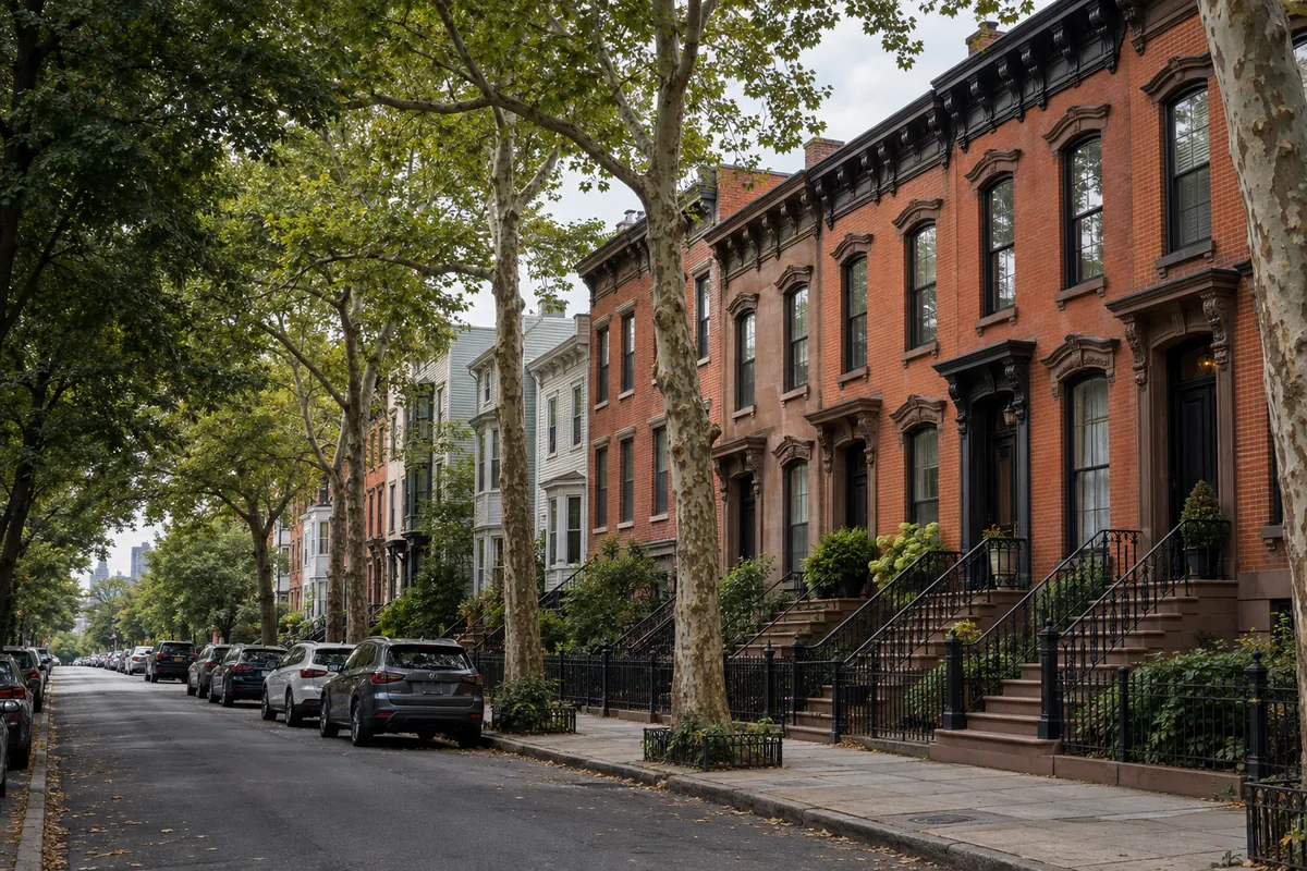 Brick and brownstone rowhouses with bracketed cornices behind a row of street trees in Jersey City